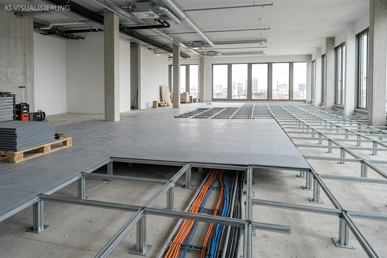 Doppelboden mit aufgeständerter Unterkonstruktion und verlegten Kabeln für eine flexible Gebäudetechnik